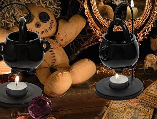 2 Pcs Hanging Cauldron Pagan Oil Burner with Handle Lid 10 Pcs White Tea Lights Candles Witches Witc
