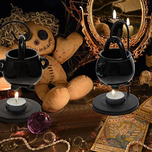 2 Pcs Hanging Cauldron Pagan Oil Burner with Handle Lid 10 Pcs White Tea Lights Candles Witches Witc