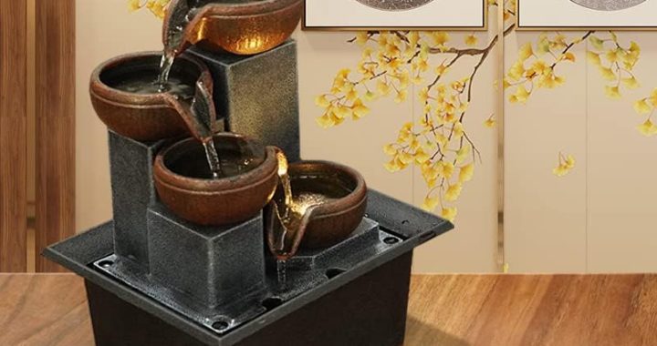 Indoor 4-Tier Relaxation Tabletop Fountain Waterfall Function，with Warm Color LED Lights and 3-Level