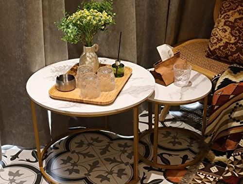 Amazon.com: aboxoo Coffee Table Nesting White Set of 2 Side Set Golden Frame Circular and Marble Pat