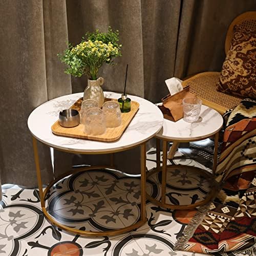 Amazon.com: aboxoo Coffee Table Nesting White Set of 2 Side Set Golden Frame Circular and Marble Pat
