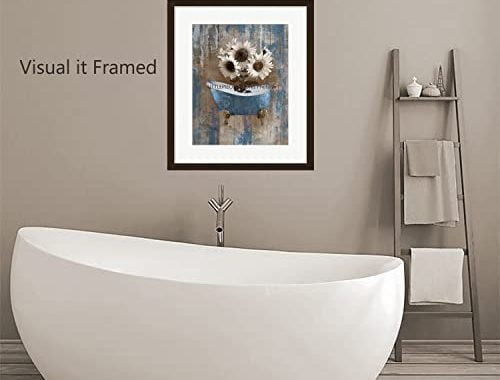 Amazon.com: Brown Blue Bathroom Home Decor Wall Art Rustic Sunflowers in Tub Matted Wall Decor Pictu