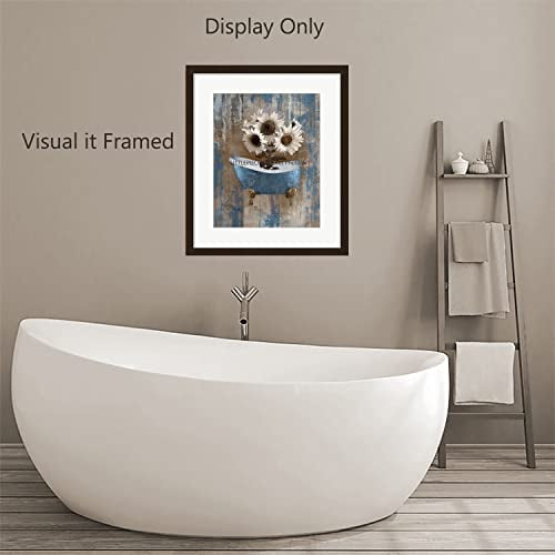 Amazon.com: Brown Blue Bathroom Home Decor Wall Art Rustic Sunflowers in Tub Matted Wall Decor Pictu