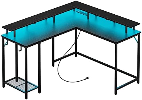 Amazon.com: SUPERJARE L Shaped Gaming Desk with Power Outlets & LED Lights, Computer Desk with M