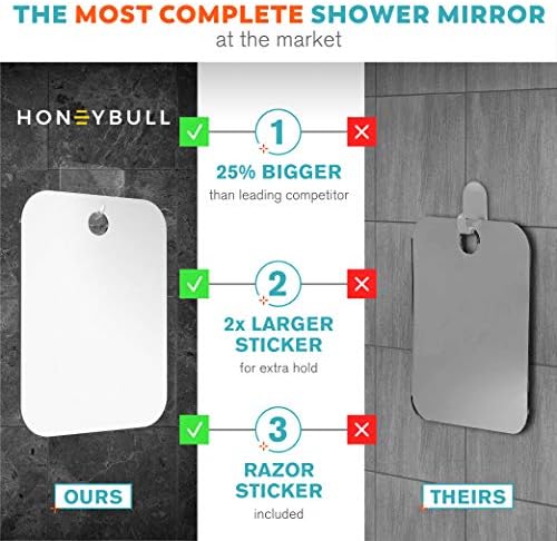 HONEYBULL Shower Mirror Fogless for Shaving - (Large 8x10in) Flat Anti Fog Mirror with Razor Holder