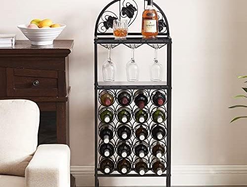 Amazon.com: VECELO Metal Wine Rack Hold 20 Bottles with Glasses Holder, Freestanding Floor Bar Stora